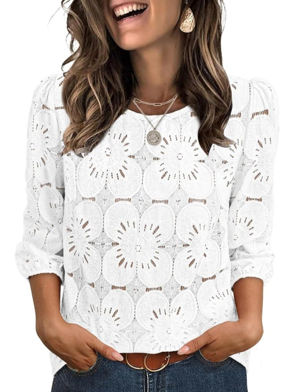Chic 3/4 Sleeve Eyelet Lace Blouse - Dressy Casual Spring/Summer Top for Beach